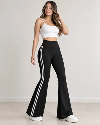 Pantalón Flare Mujer Negro Franjas Laterales Tiro Alto