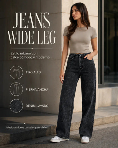 Jeans Pantalon Mujer Tiro Alto Pierna Ancha Negro Lavado