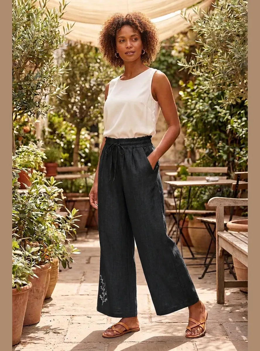 Pantalón Mujer Palazzo Bordado Floral Cintura Elasticada