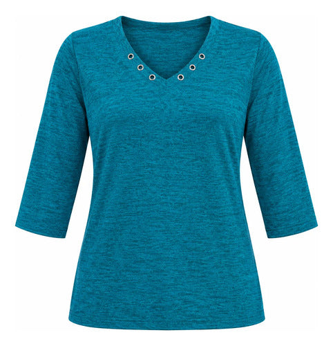 Polera Mujer Manga 3/4 Escote V Con Detalles Metálicos