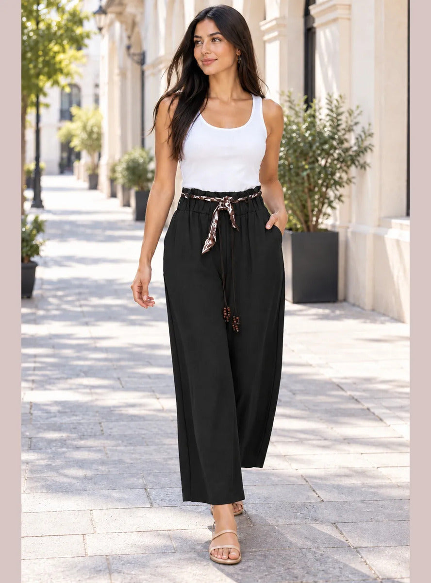 Pantalón Palazzo Mujer Cintura Elasticada con Lazo Siena