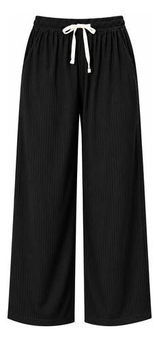 Pantalón Casual Mujer Palazzo Acanalado Cintura Elasticada