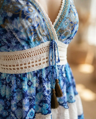 Vestido Mujer Corto Estampado Encaje Tirantes Estilo Boho