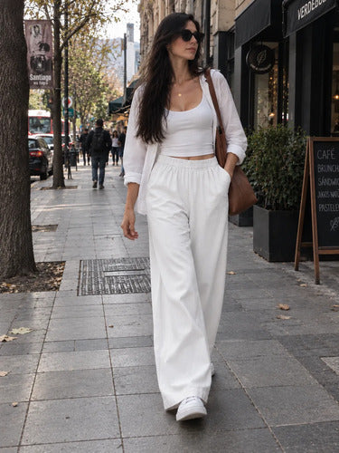Pantalón Palazzo Mujer Algodón Cintura Elasticada Con Lazo