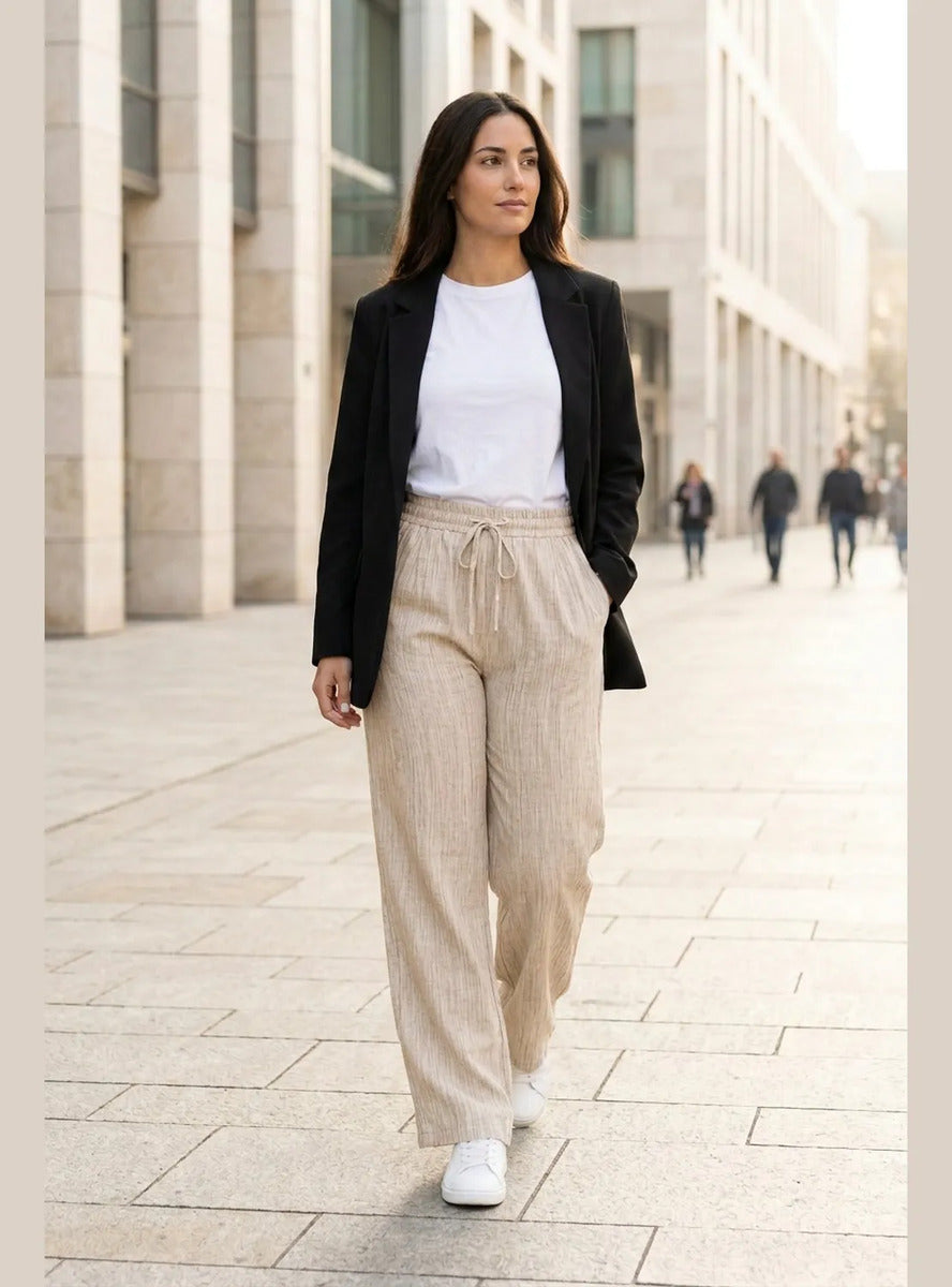 Pantalón Mujer Palazzo Jaspeado Pierna Ancha con Bolsillos