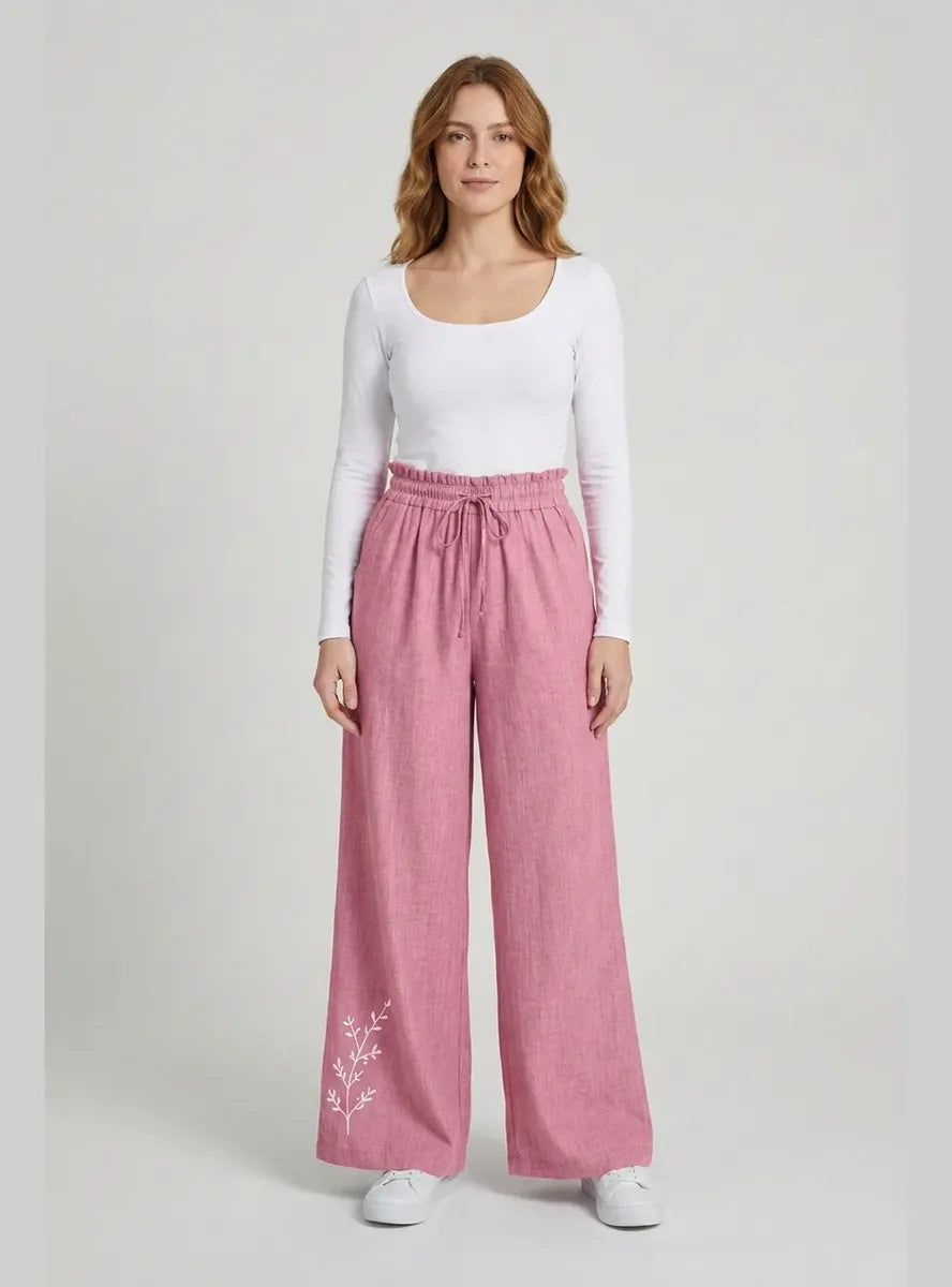 Pantalón Mujer Palazzo Bordado Floral Cintura Elasticada