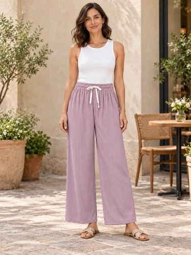 Pantalón Casual Mujer Palazzo Acanalado Cintura Elasticada