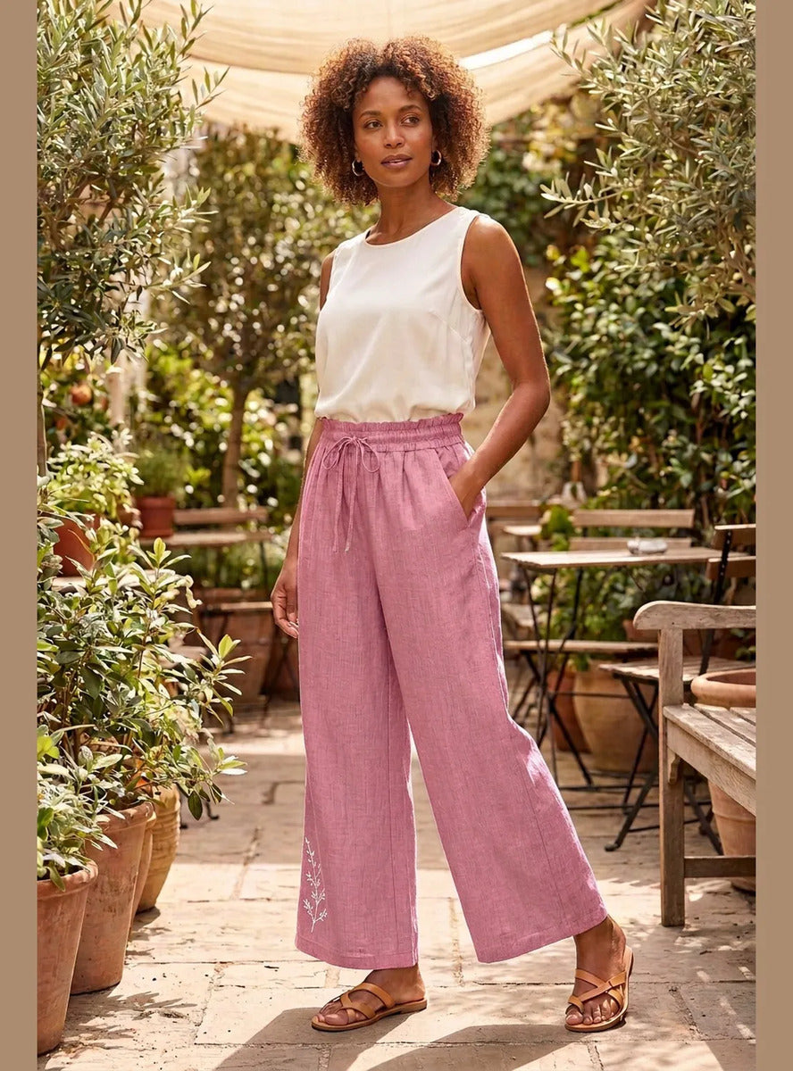 Pantalón Mujer Palazzo Bordado Floral Cintura Elasticada