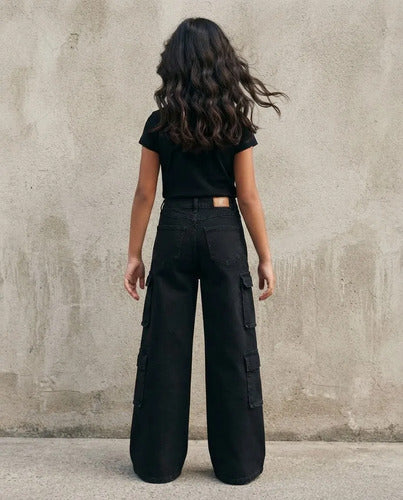 Pantalón Cargo Niña Negro Pierna Ancha Bolsillos Laterales