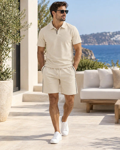 Conjunto Hombre Polera Cuello Polo Y Short Tela Texturizada