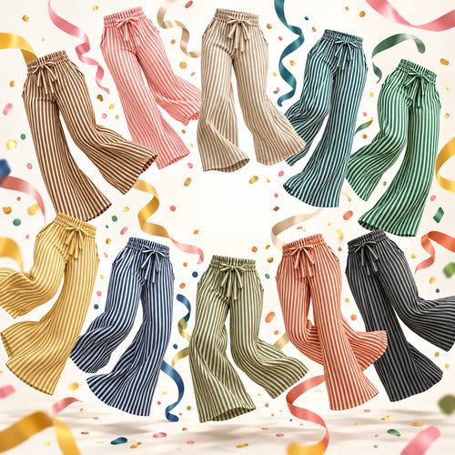 Pantalón Palazzo Mujer Rayado Tiro Alto Cintura Elástica