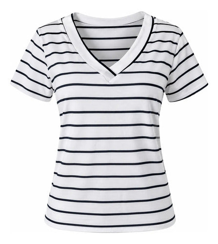 Polera Mujer Manga Corta Cuello V Rayas Casual