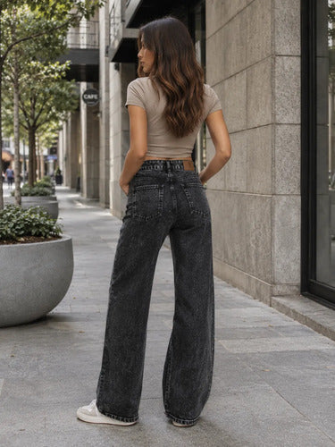 Jeans Pantalon Mujer Tiro Alto Pierna Ancha Negro Lavado