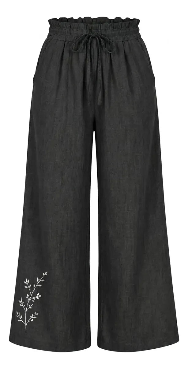 Pantalón Mujer Palazzo Bordado Floral Cintura Elasticada