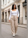 Pantalón Mujer Palazzo Jaspeado Pierna Ancha con Bolsillos