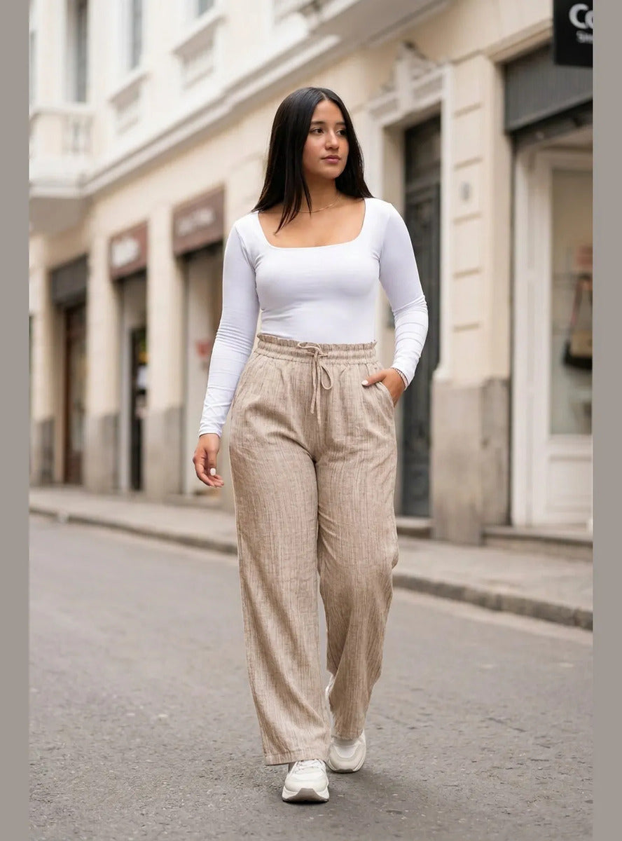 Pantalón Mujer Palazzo Jaspeado Pierna Ancha con Bolsillos