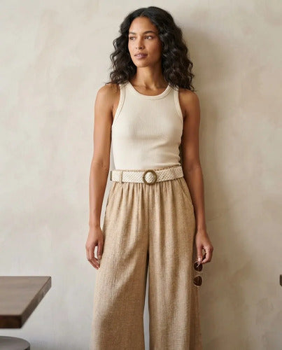 Pantalón Palazzo Mujer Cinturón Tejido Pierna Ancha
