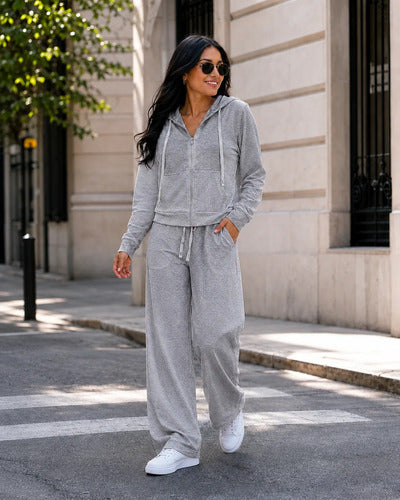 Conjunto Mujer Polerón Capucha Pantalón Ancho Texturizado