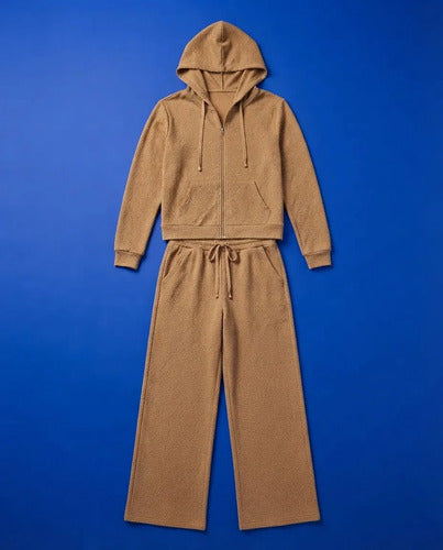 Conjunto Mujer Polerón Capucha Pantalón Ancho Texturizado