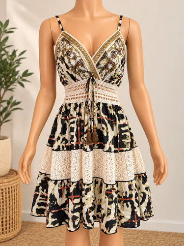 Vestido Mujer Corto Estampado Encaje Tirantes Estilo Boho