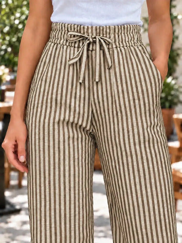 Pantalón Palazzo Mujer Rayado Tiro Alto Cintura Elástica