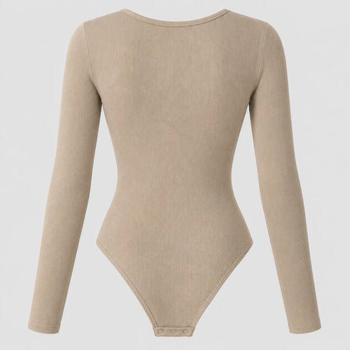 Body Modelador Mujer Manga Larga Acanalado Cuello Redondo