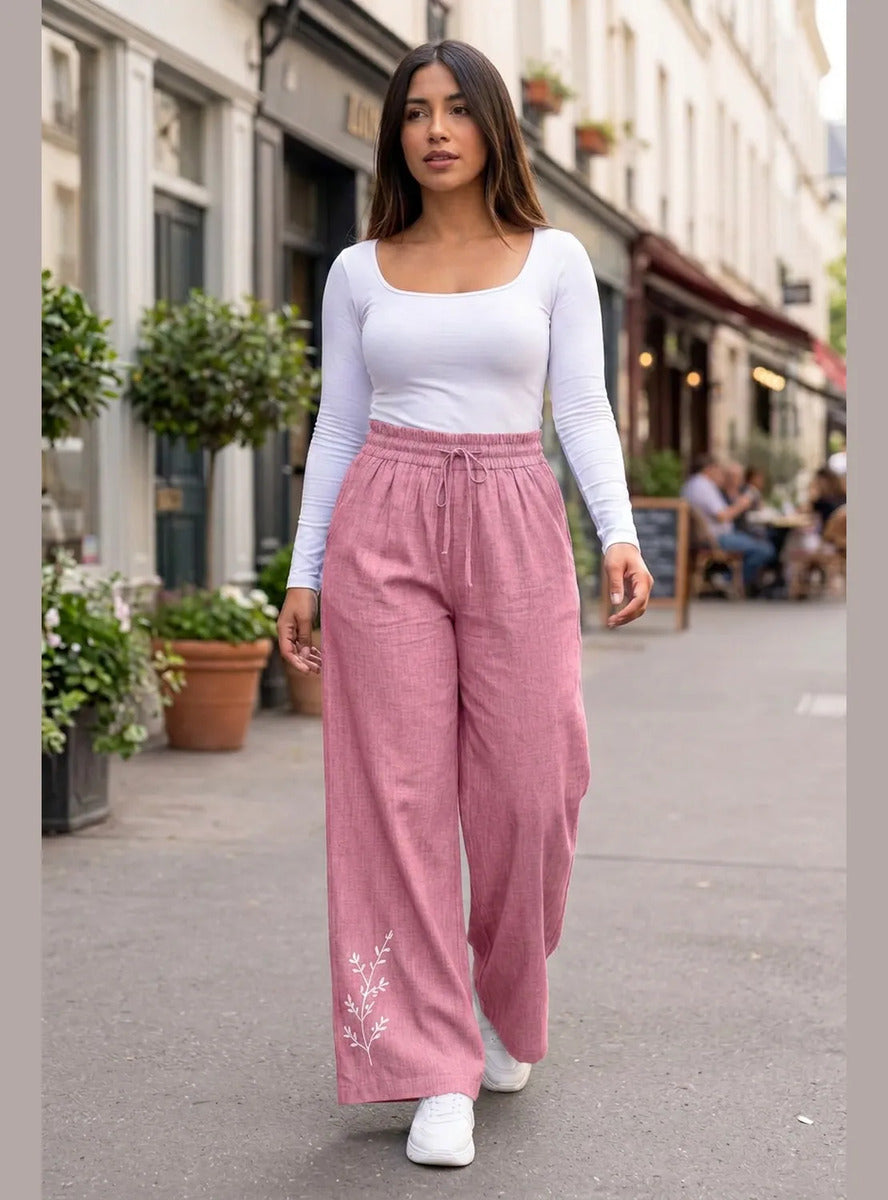 Pantalón Mujer Palazzo Bordado Floral Cintura Elasticada