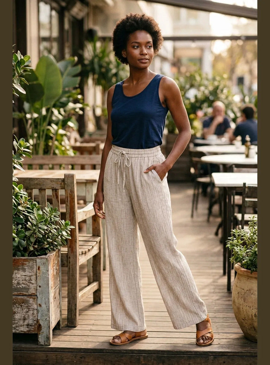 Pantalón Mujer Palazzo Jaspeado Pierna Ancha con Bolsillos