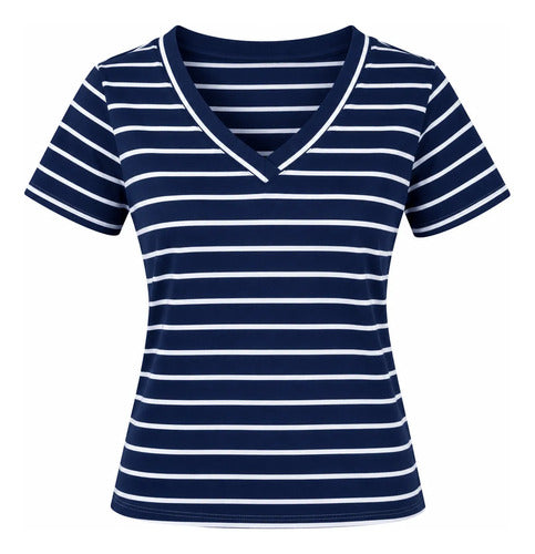 Polera Mujer Manga Corta Cuello V Rayas Casual
