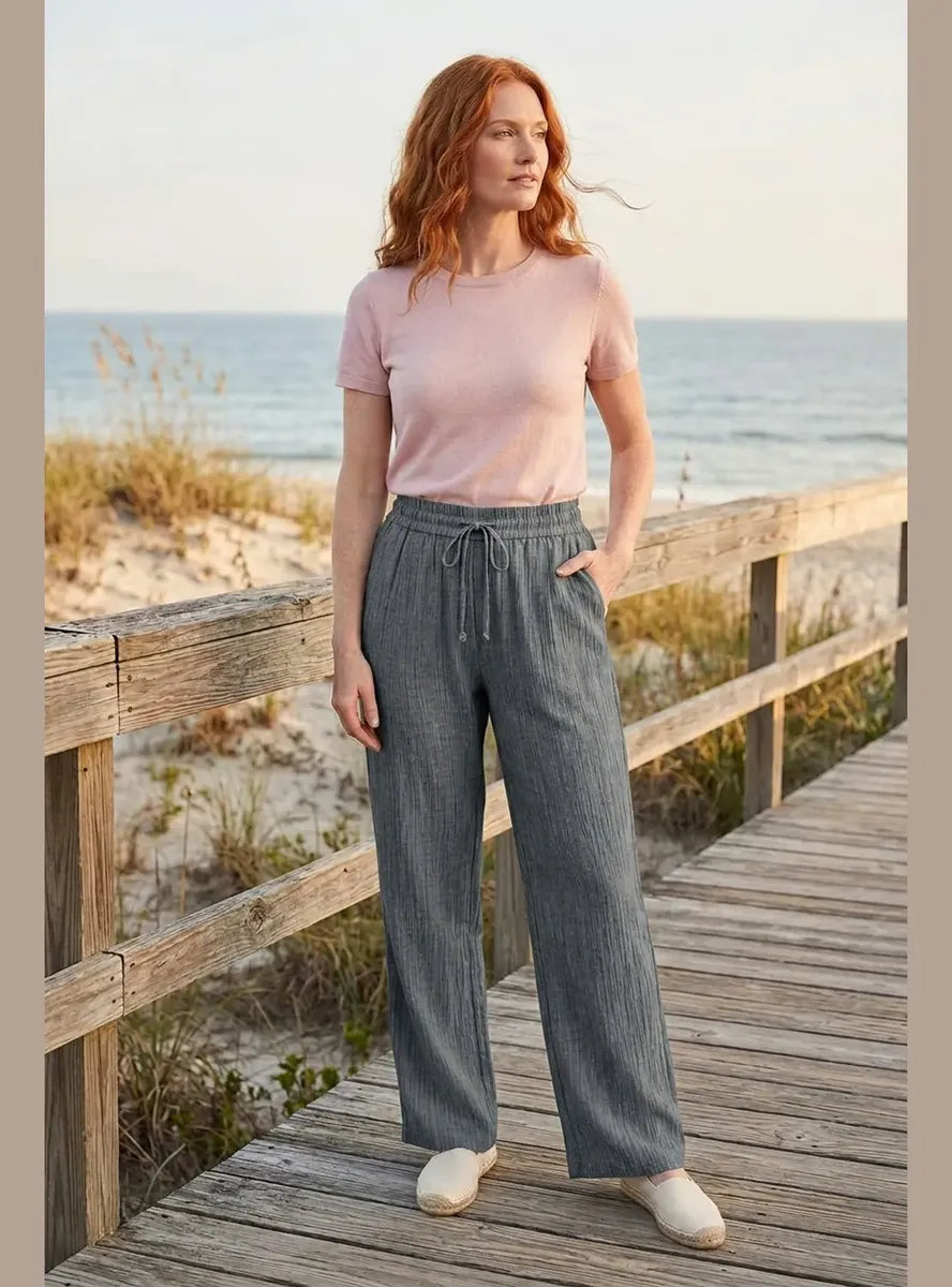 Pantalón Mujer Palazzo Jaspeado Pierna Ancha con Bolsillos