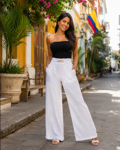 Pantalón Mujer Palazzo Tiro Alto Cintura Elasticada