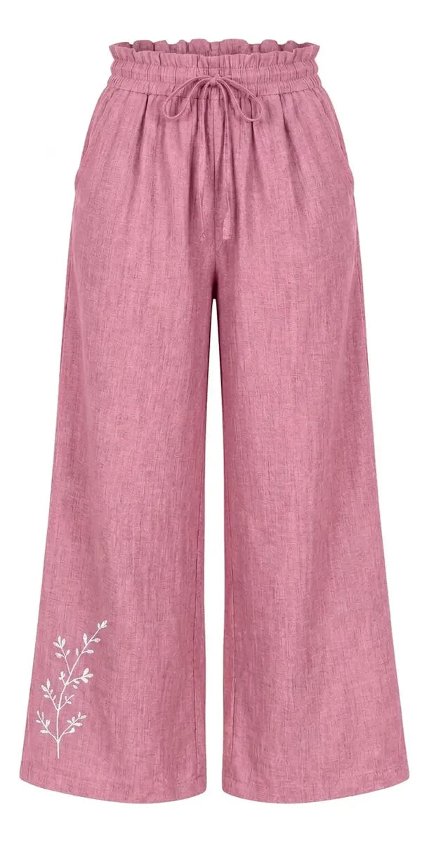 Pantalón Mujer Palazzo Bordado Floral Cintura Elasticada