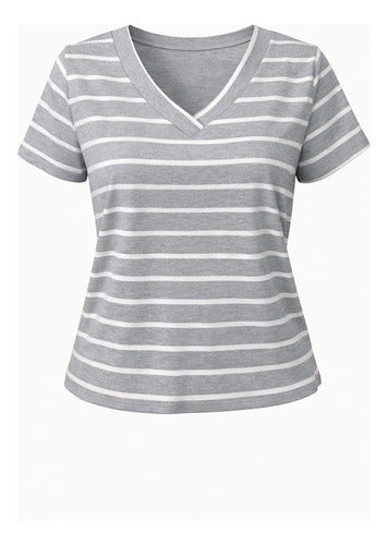Polera Mujer Manga Corta Cuello V Rayas Casual