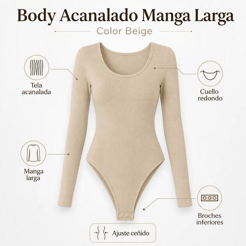 Body Modelador Mujer Manga Larga Acanalado Cuello Redondo