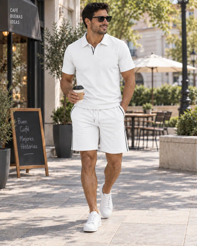 Conjunto Hombre Polera Cuello Polo Y Short Tela Texturizada