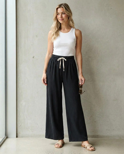Pantalón Casual Mujer Palazzo Acanalado Cintura Elasticada