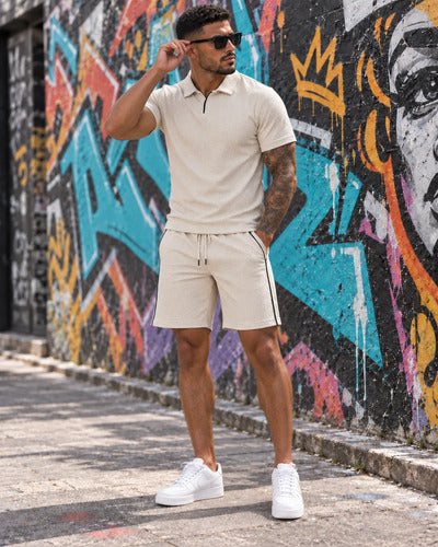 Conjunto Hombre Polera Cuello Polo Y Short Tela Texturizada
