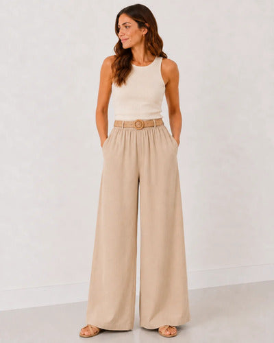 Pantalón Palazzo Mujer Pierna Ancha Cintura Elasticada