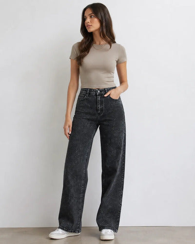 Jeans Pantalon Mujer Tiro Alto Pierna Ancha Negro Lavado