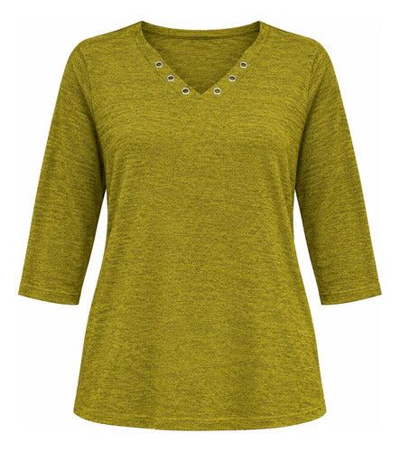 Polera Mujer Manga 3/4 Escote V Con Detalles Metálicos