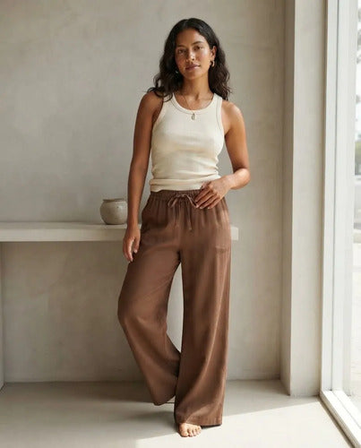 Pantalón Palazzo Mujer Algodón Cintura Elasticada Con Lazo