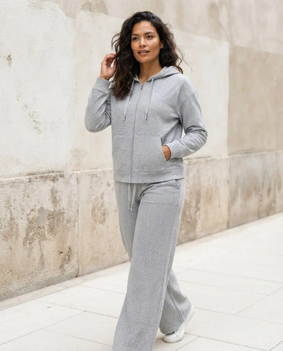 Conjunto Mujer Polerón Capucha Pantalón Ancho Texturizado