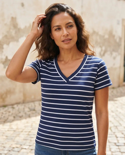 Polera Mujer Manga Corta Cuello V Rayas Casual