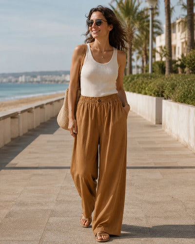 Pantalón Mujer Palazzo Cintura Elasticada Liso Pierna Ancha