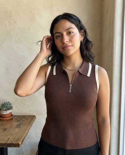 Polera Mujer Sin Mangas Cuello Polo Cierre Talla Única