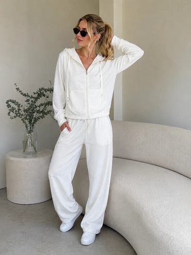 Conjunto Mujer Polerón Capucha Pantalón Ancho Texturizado