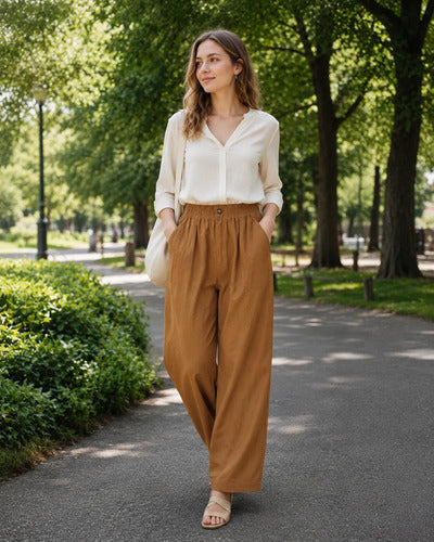 Pantalón Mujer Palazzo Cintura Elasticada Liso Pierna Ancha