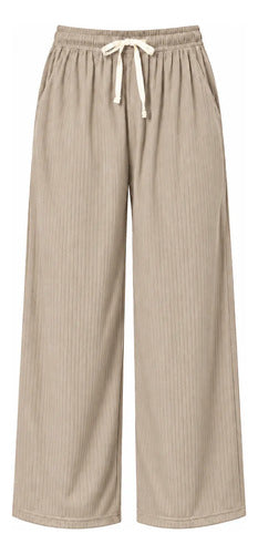 Pantalón Casual Mujer Palazzo Acanalado Cintura Elasticada