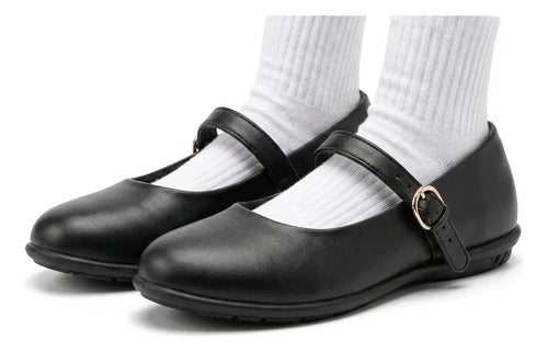 Zapato Escolar Y Cueca Niña Mujer Negro Con Correa
