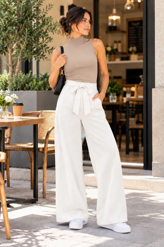 Pantalón Palazzo Mujer Cintura Elasticada Con Lazo